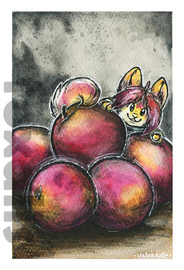 A watercolor and ink painting of a small foxlike creature peeking out from behind a pile of apples.