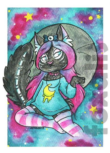 A watercolor painting of a cat with pink and teal hair wearing a long-sleeved shirt and stockings. Behind her is a moon and a teal and pink galaxy with yellow stars.