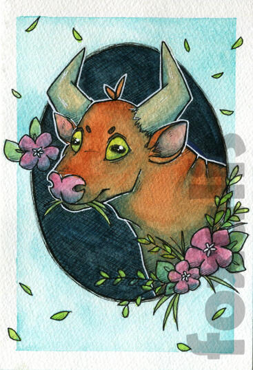 A watercolor painting of a cow with grass in its mouth. It is framed by a few flowers and falling leaves.