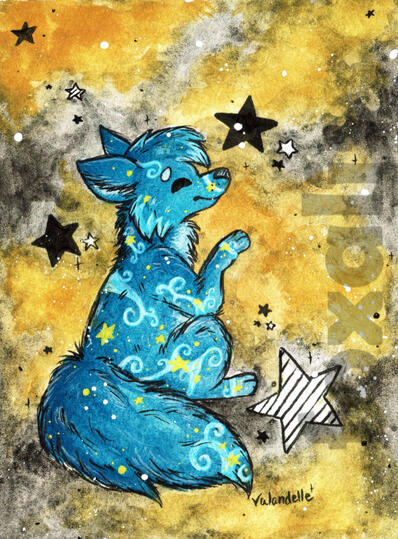 A watercolor painting of a blue wolf covered in swirls and stars on a background of yellow and black with starts around them.