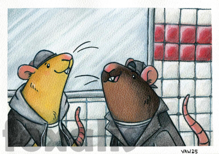 A watercolor painting of a pair of cartoony rats standing in front of a shop window.