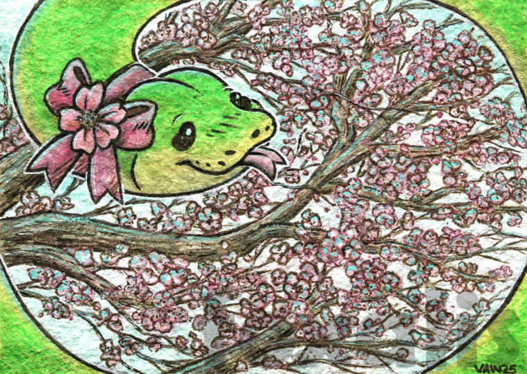 A watercolor painting of a blooming cherry tree. Framing it is a large green boa. It is wearing a pink bow with a flower on it.