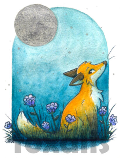 A watercolor painting of a fox over a blue ombre background. Flowers and grass are growing around them. High above is a silver moon and silver stars dotted about.