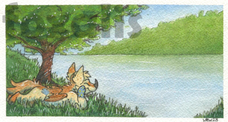 A watercolor painting of a bat and fox-like creature lying in the grass under a tree. In the distance is a still lake and some land covered in brush.