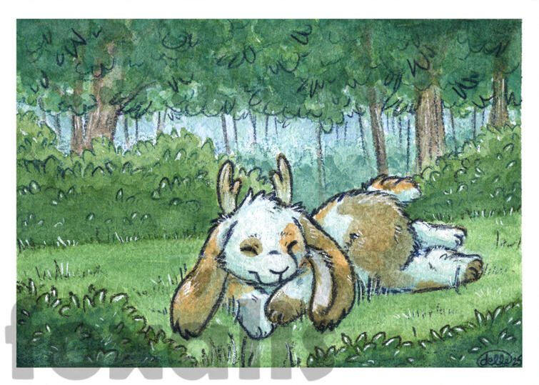 A watercolor painting of a calico jackalope sleeping in a patch of grass surrounded by bushes and trees.