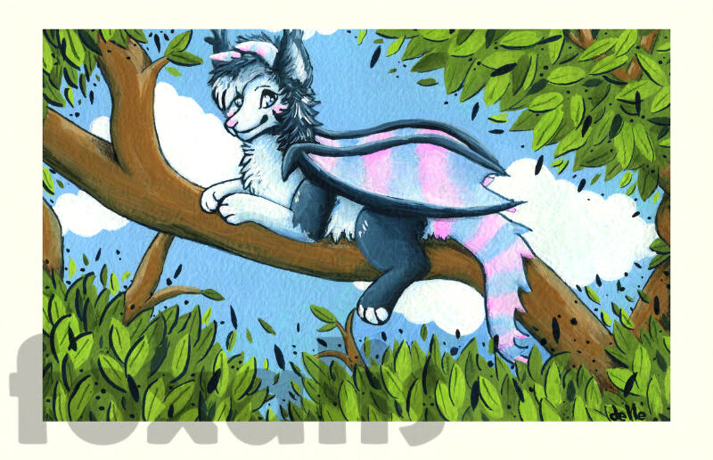 A gouache painting of a dragon smiling and sitting on a tree branch.