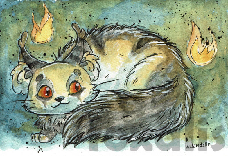 A watercolor painting of a curled-up cat with flames floating around them.
