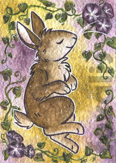 A watercolor painting of a brown rabbit with its eyes closed. Framing the rabbit are some vines and morning glory flowers.