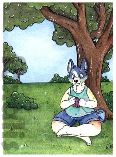 A watercolor painting of an anthro corgi crocheting while sitting under a tree in a field of grass.
