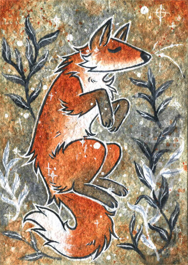 A watercolor painting of a fox with some random plants around them.