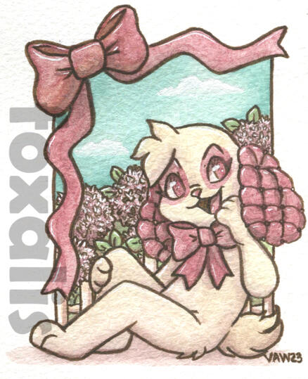 A watercolor painting of a dog wearing a bow with tufted pink ears. Behind them are bushy pink hydrangeas. A large pink bow frames the left and top.