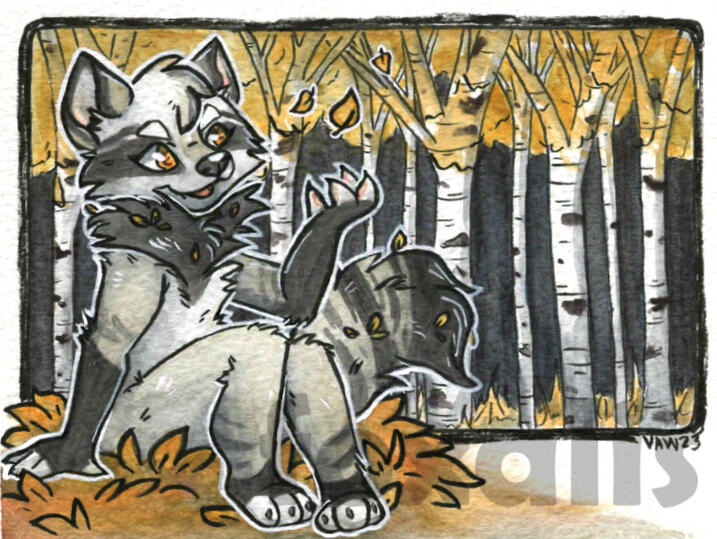 A watercolor painting of a striped creature sitting in a pile of leaves and catching a few. A forest of aspen trees is behind them.