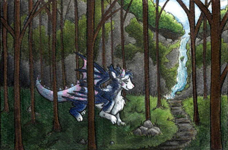 A watercolor painting of a dragon wandering through the woods. There is a waterfall in the distance.