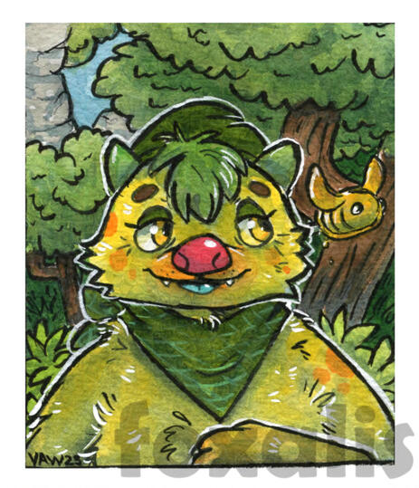 A watercolor painting of a monster standing in a forest. Behind them flies a bee-like insect.