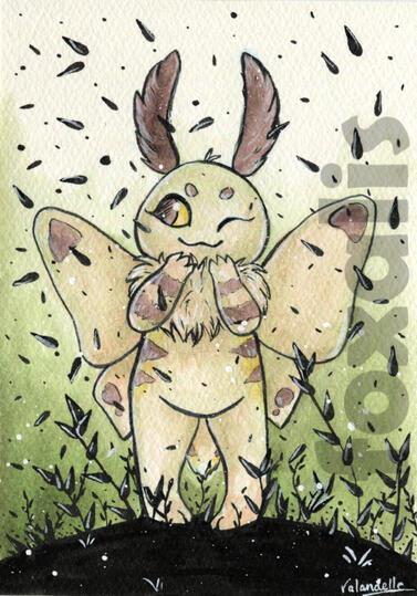 A watercolor and ink painting of a cartoony moth with leaves floating around them.