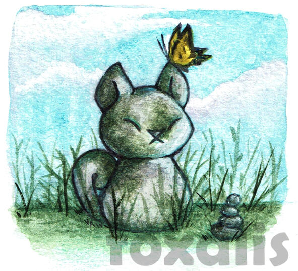A watercolor painting of a stone cat sitting in some grass. A butterfly is perched on its ear.