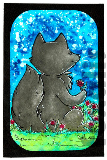A watercolor and ink painting of a wolf sitting in some flowers and holding one up.