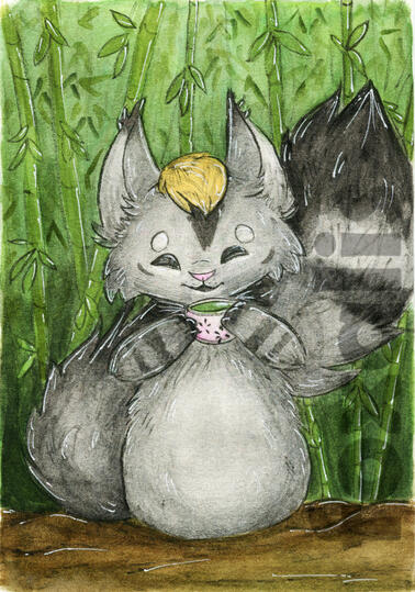 A watercolor painting of a cat holding a cup of tea. Behind it is a forest of bamboo.