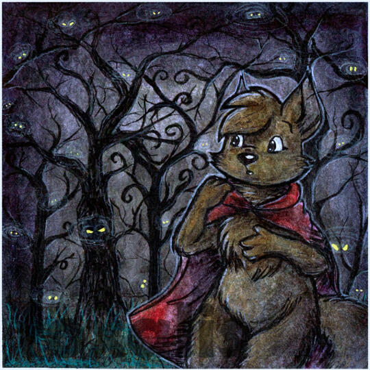 A watercolor painting of a wolf wearing a red hood in a forest of swirly black trees surrounded by glowing eyes.