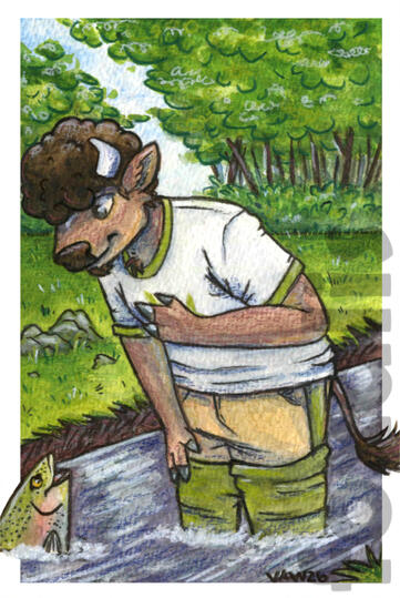 A watercolor painting of an anthro buffalo in waders looking down at a rainbow trout. Behind them is a forest and a grassy bank.