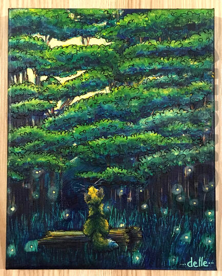 A photo of an acrylic painting on a canvas. It is of a dark forest with a moon peeking out from behind the trees. Under the trees is a fox sitting on a log with fireflies flying around.