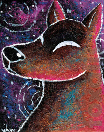 A textured acrylic painting of a dog over a background of purples, blues, and pinks with white swirls and spots.