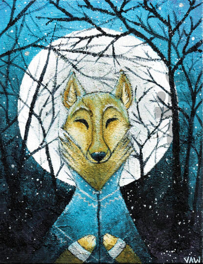 A highly textured acrylic painting of a bright moon. Over the moon are crossing black branches and small glowing lights. In the foreground is a coyote wearing a poncho.