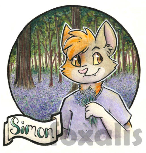 A watercolor painting of a cat holding some lavender. Behind them is a forest and a field of lavender. On the bottom left is a banner with the name Simon on it.