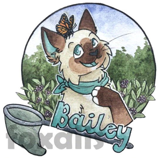 A watercolor painting of a cat with a butterfly on their head. Behind them are flowers and bushes. In the foreground is the name Bailey on top of a bug net.