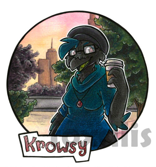 A watercolor painting of a corvid holding a cup of coffee. They are wearing a sweater and a cute hat. Behind them are trees and a skyline over a river. The name Krowsy is in front.