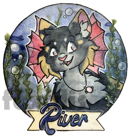 A watercolor painting of a cat and fish-like creature swimming among seaweed. Bubbles float around them.