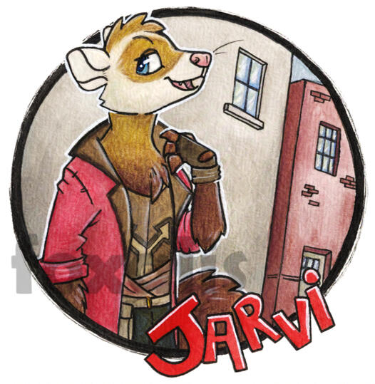A watercolor painting of a ferret looking mischievous. They are standing in front of some buildings.