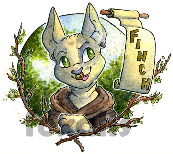 A watercolor painting of a sphynx cat wearing a brown robe stands in front of some brush. They are framed with branches. To the right is a scroll with the name Finch on it.