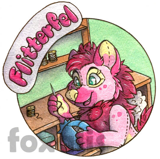 A watercolor painting of a plush hyena sewing a plush blueberry. Behind them is a worktable with various fabric, threads, and stuffing. Above and to the right is the name Flitterfel.