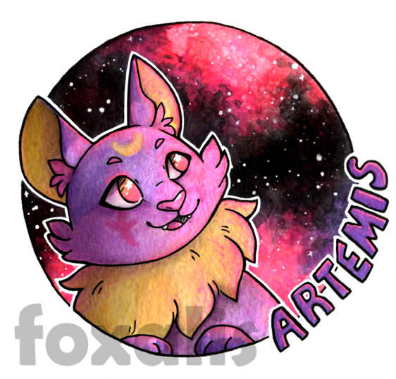 A watercolor painting of a purple cat looking to the right. Behind it are bright galaxies filled with stars. The name Artemis is on the bottom right.
