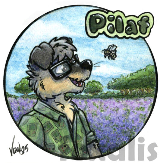 A watercolor painting of a smiling dog looking at a bee. Behind them is a field of purple flowers and some trees under a blue sky. The name Pilaf is shown on the top right.