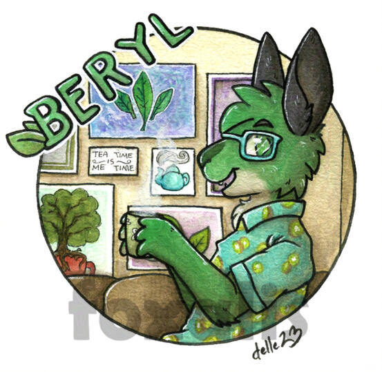 A watercolor painting of a green rabbit sipping tea in a cafe. The wall is covered in tea-themed art. In the foreground is the name Beryl with a couple of leaves decorating it.