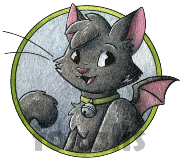 A watercolor painting of a smiling black cat with tiny bat wings.