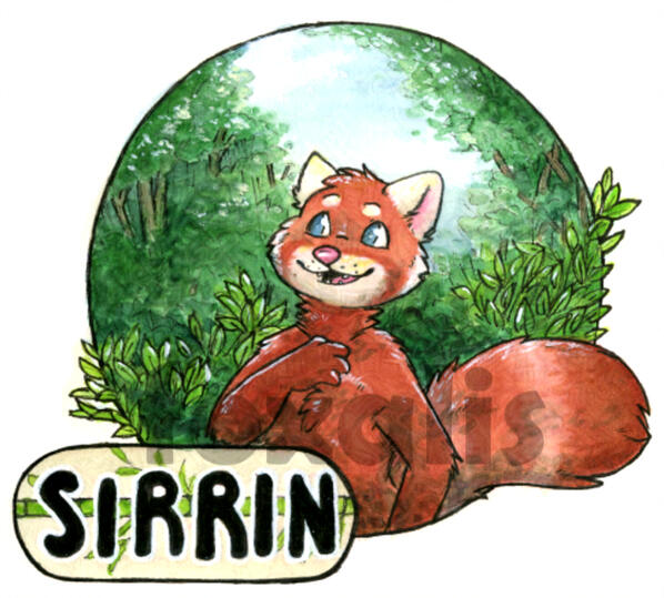 A watercolor painting of a red panda smiling and admiring the forest around them. In front is the name Sirrin with a stick of bamboo behind it.