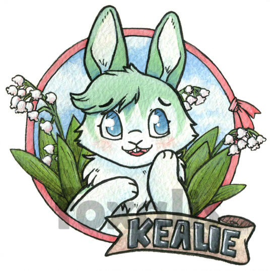 A watercolor and gouache painting of a bashful rabbit. Behind them are flowers. Framing them is a pink ribbon, in front of that is the name Kealie on a scroll.