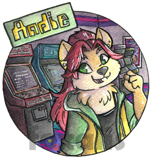 A watercolor painting of a shiba inu in an arcade. She is holding an arcade token. On the top left is the name Andie.