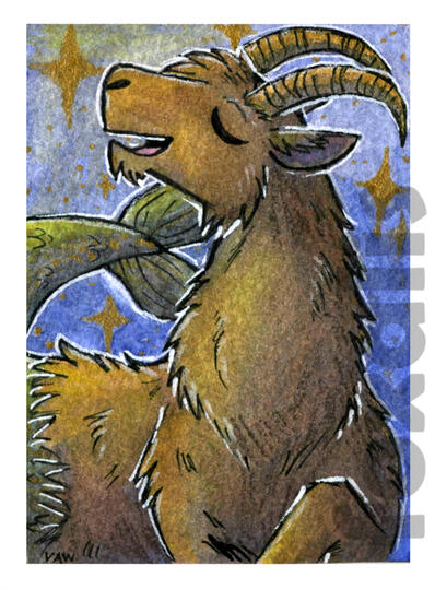 A watercolor painting of a goat with a fishtail. It looks like he is singing.