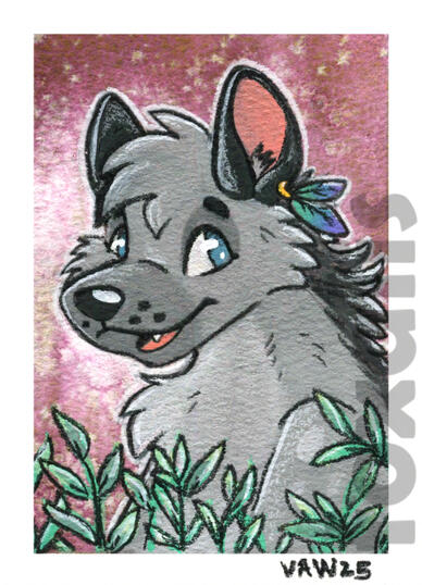A gouache and watercolor painting of a smiling hyena with plants in front of them.
