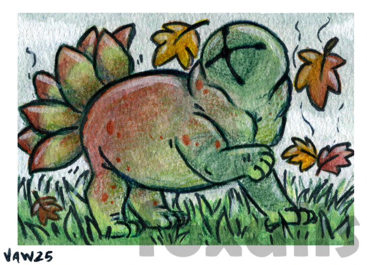 A watercolor painting of a large, stompy plant monster playing with falling leaves.