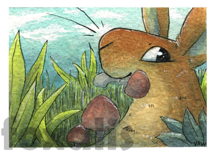 A watercolor painting of a rabbit snacking on a mushroom in tall grass.
