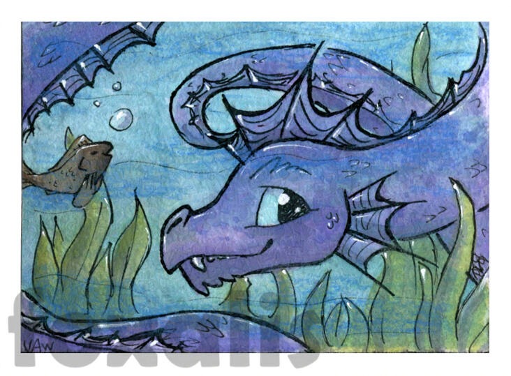 A watercolor painting of a large purple sea serpent smiling and looking at the viewer. Around them are kelp and a fish blowing bubbles.