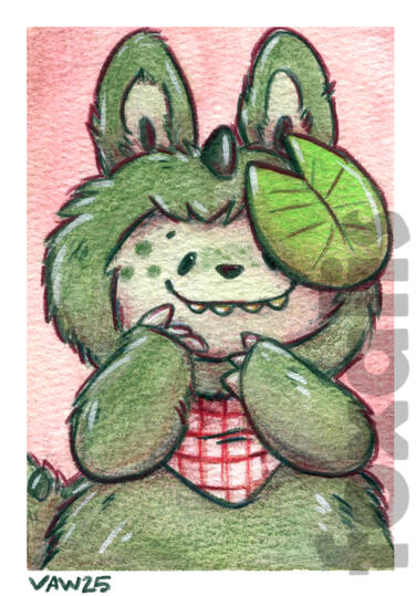 A watercolor painting of a green smiling monster with a lily pad on its head.