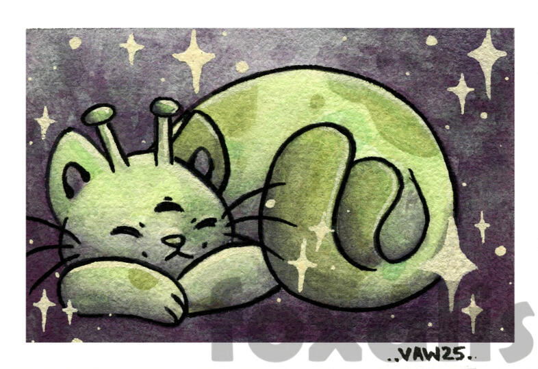 A watercolor painting of a sleeping alien cat.
