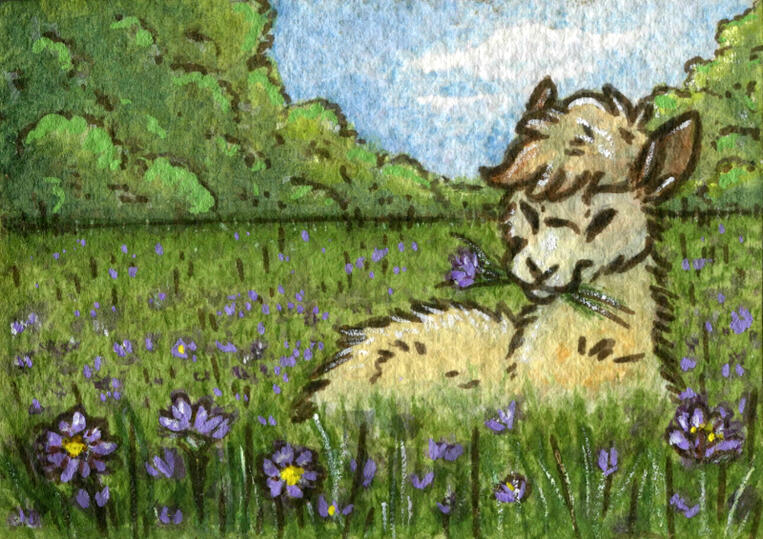 A watercolor painting of an alpaca in a field of flowers. A flower is also in their mouth.