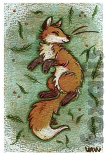 A mixed media drawing of a fox over a green and brown background. Around the fox are berries, leaves, and pine needles. There is a vignette effect on the corner in white.